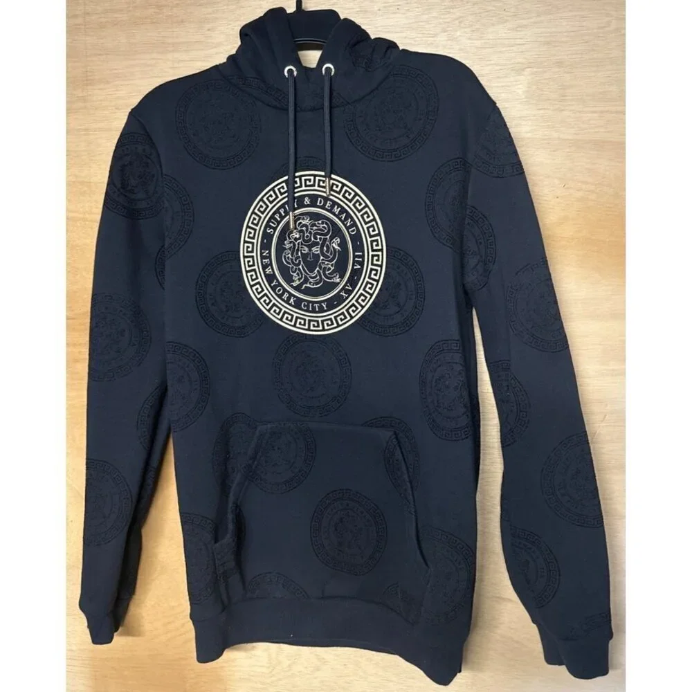 Supply & Demand Men’s Black Hoodie Gold Front Logo Suede Detail Streetwear M Y2K